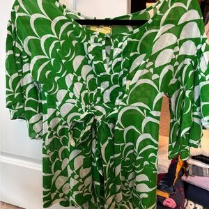 Maeve Green and White Tie Front Blouse with Bib Collar